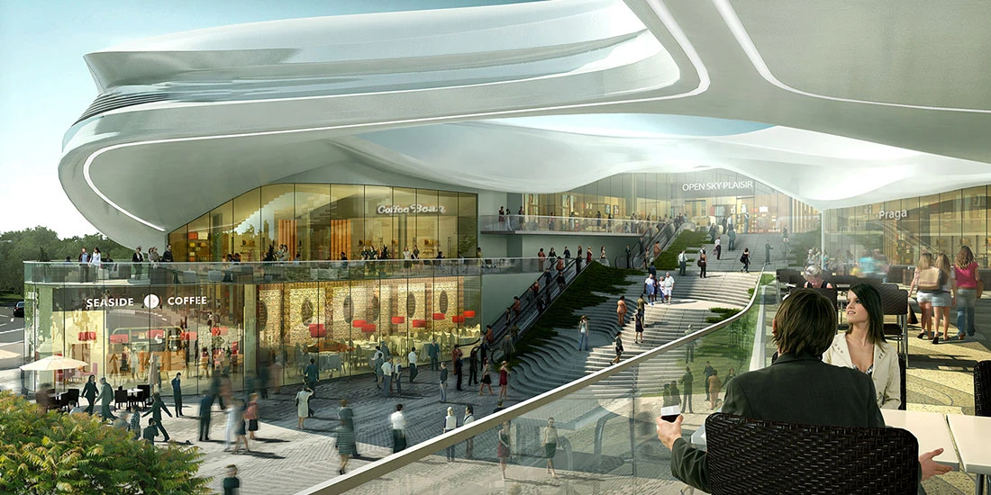 3D render of the interior atrium and retail plazas