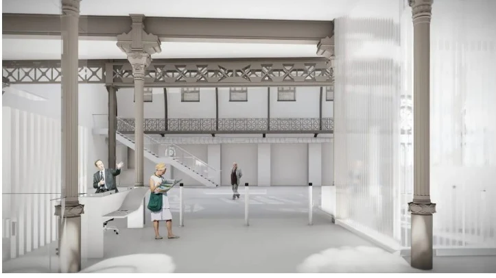Contemporary reception atrium and temporary art exhibition galleries